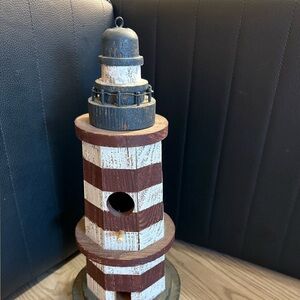 Rustic Red and White Striped Lighthouse Decor - Unbranded